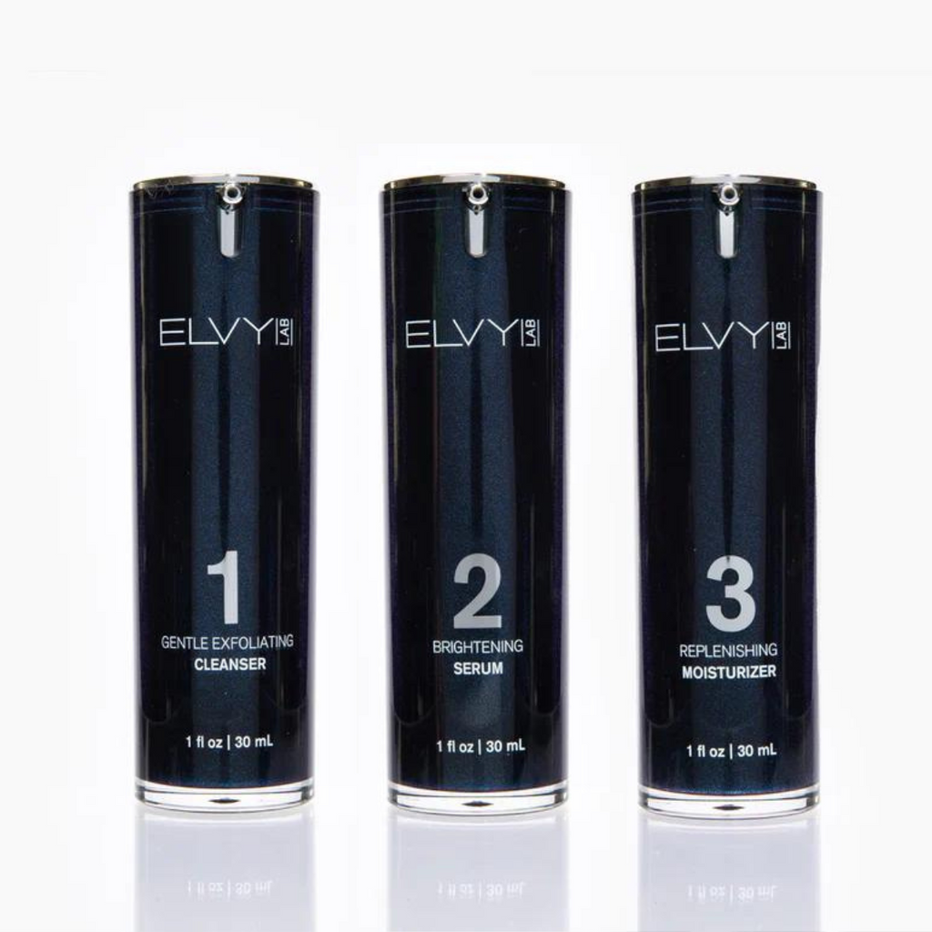 ELVY Lab three-step skincare starter kit with cleanser, serum, and moisturizer